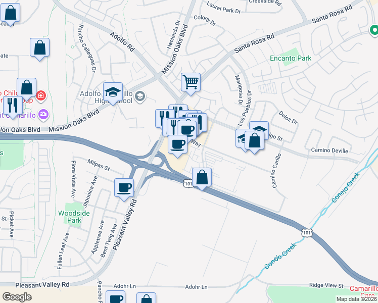 map of restaurants, bars, coffee shops, grocery stores, and more near 389 Castiano Street in Camarillo