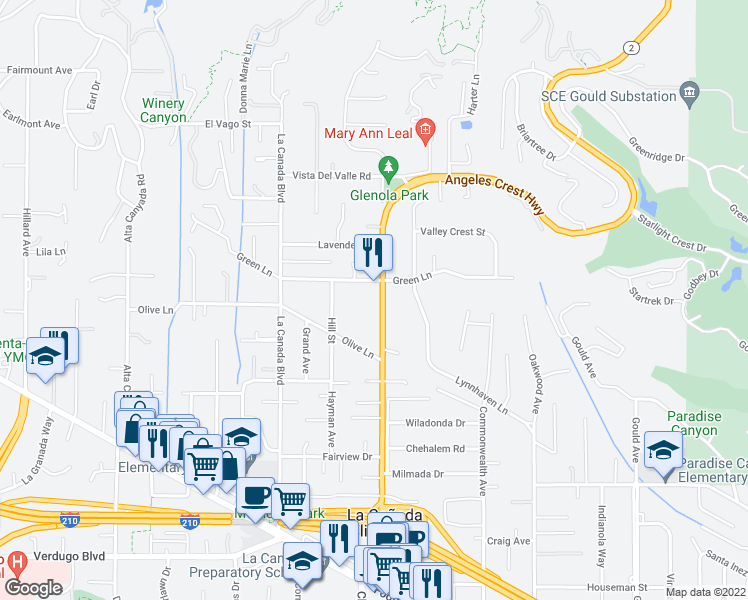 map of restaurants, bars, coffee shops, grocery stores, and more near 5061 Angeles Crest Highway in La Cañada Flintridge