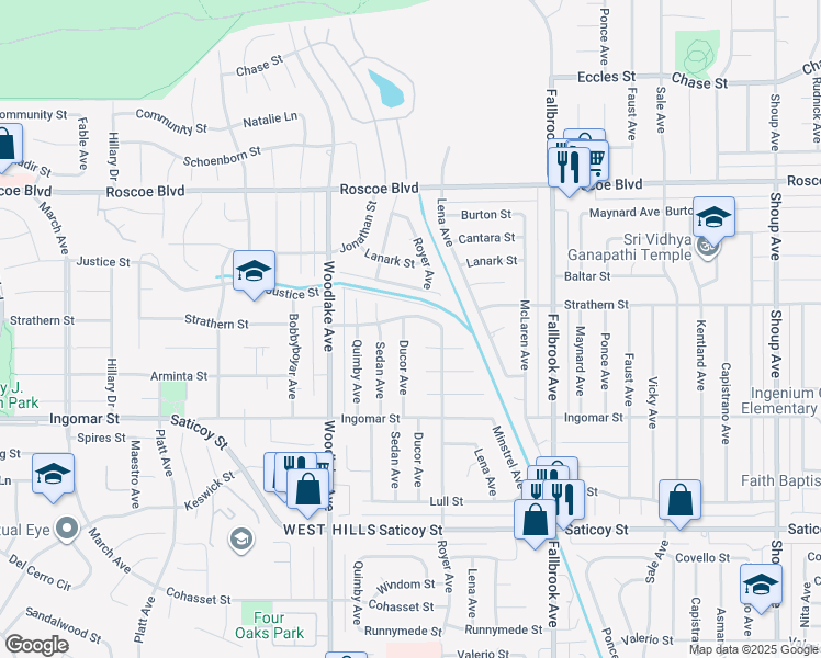 map of restaurants, bars, coffee shops, grocery stores, and more near 7936 Ducor Avenue in Los Angeles