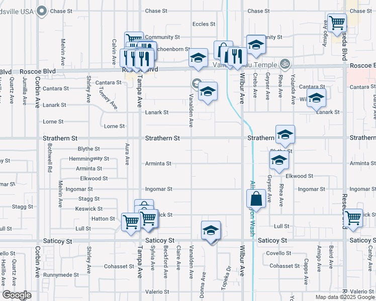 map of restaurants, bars, coffee shops, grocery stores, and more near 17751 Blythe Street in Los Angeles