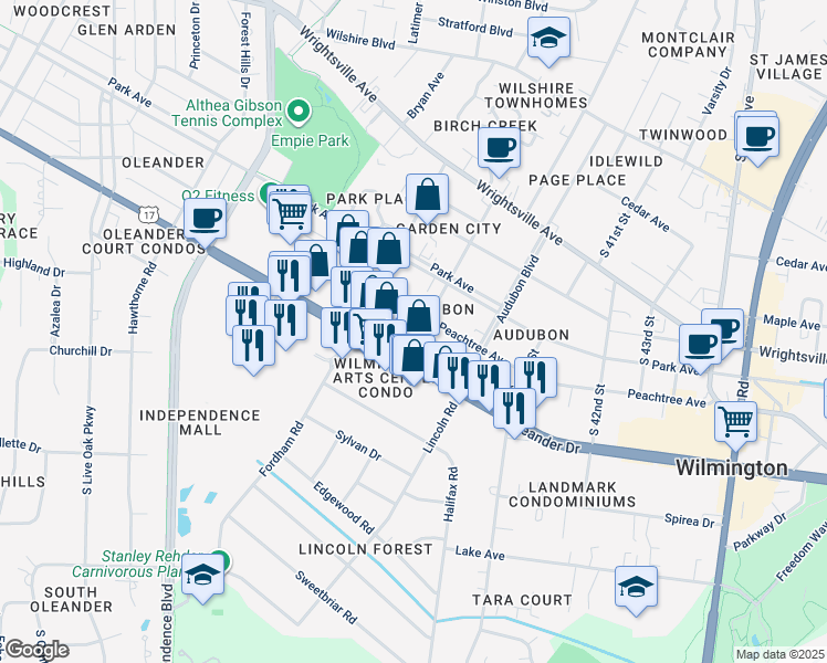 map of restaurants, bars, coffee shops, grocery stores, and more near 3810 Peachtree Avenue in Wilmington