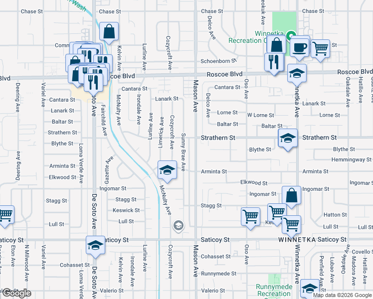 map of restaurants, bars, coffee shops, grocery stores, and more near 7946 Sunnybrae Avenue in Los Angeles