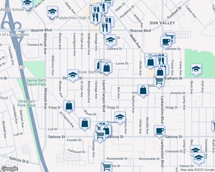 map of restaurants, bars, coffee shops, grocery stores, and more near 7924 Laurel Canyon Boulevard in Los Angeles