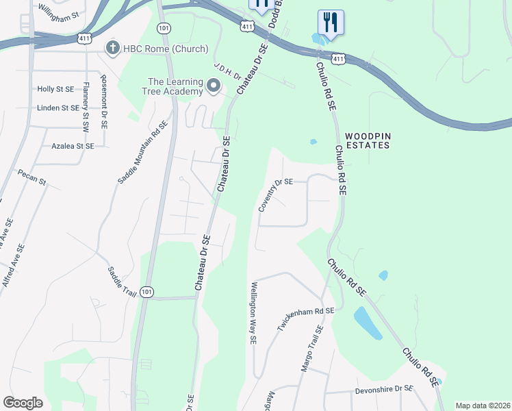 map of restaurants, bars, coffee shops, grocery stores, and more near 18 Coventry Drive Southeast in Rome