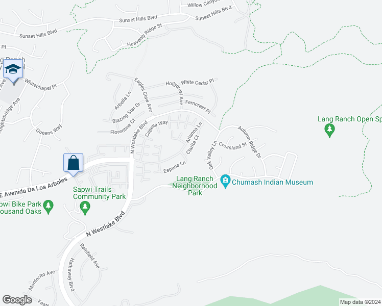 map of restaurants, bars, coffee shops, grocery stores, and more near 3162 Clarita Court in Thousand Oaks