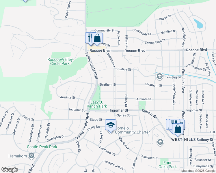map of restaurants, bars, coffee shops, grocery stores, and more near 23676 Strathern Street in Los Angeles
