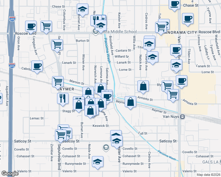 map of restaurants, bars, coffee shops, grocery stores, and more near 7925 Saloma Avenue in Los Angeles