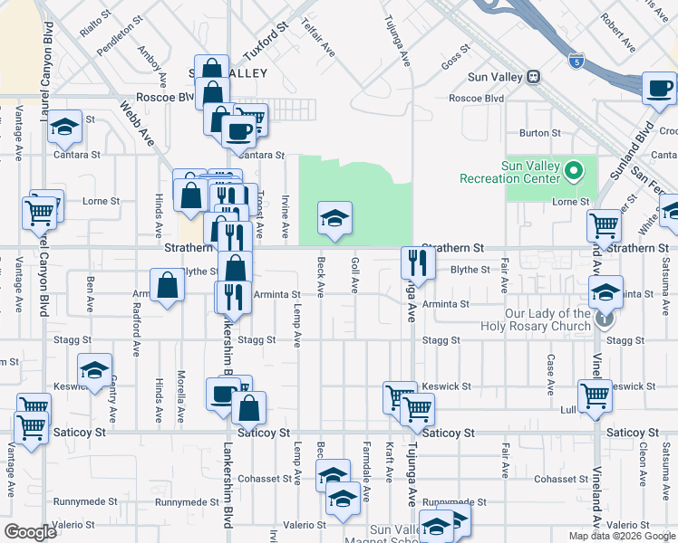 map of restaurants, bars, coffee shops, grocery stores, and more near 11530 Strathern Street in Los Angeles