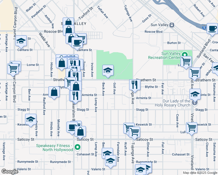 map of restaurants, bars, coffee shops, grocery stores, and more near 11530 Strathern Street in Los Angeles