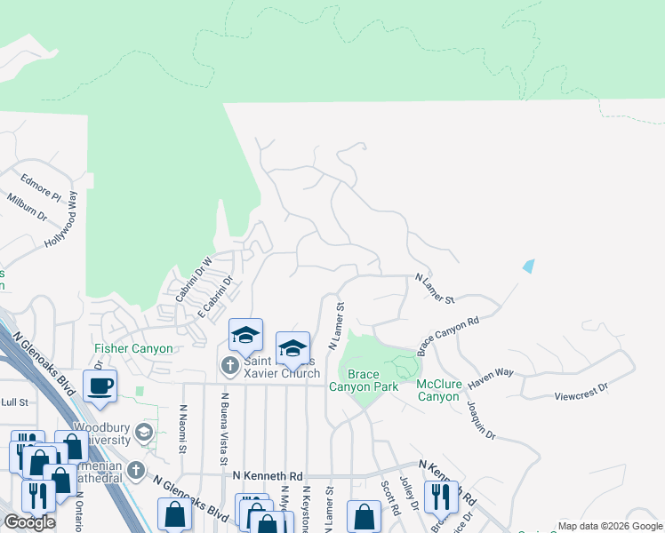 map of restaurants, bars, coffee shops, grocery stores, and more near 3318 Durham Court in Burbank