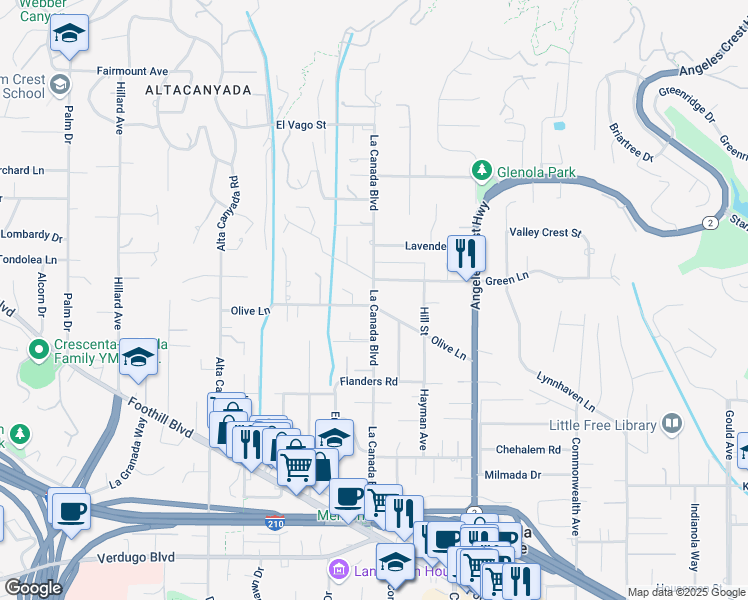 map of restaurants, bars, coffee shops, grocery stores, and more near La Canada Boulevard in La Cañada Flintridge