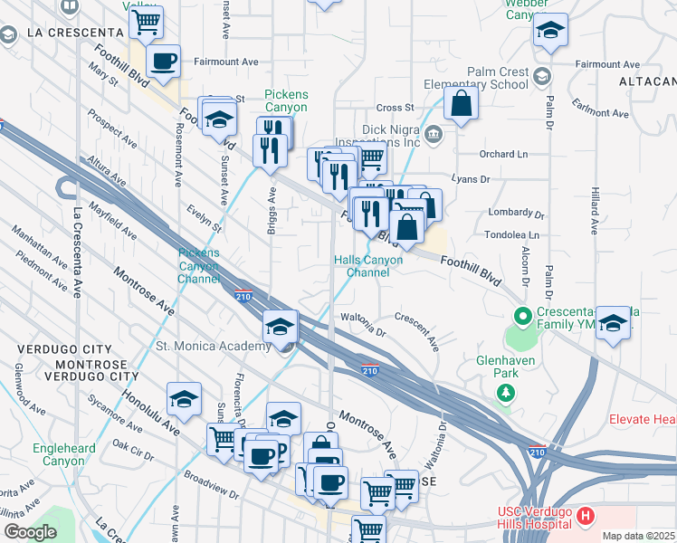 map of restaurants, bars, coffee shops, grocery stores, and more near 4370 Ocean View Boulevard in La Crescenta-Montrose