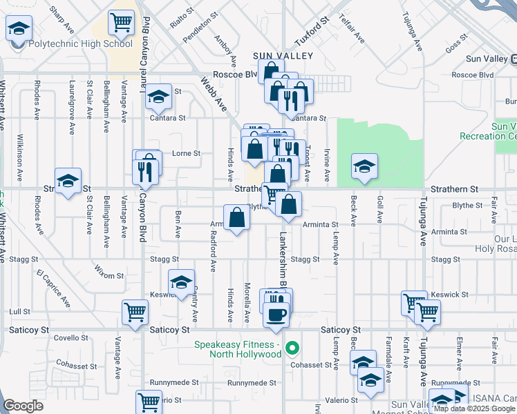 map of restaurants, bars, coffee shops, grocery stores, and more near 11744 Blythe Street in Los Angeles