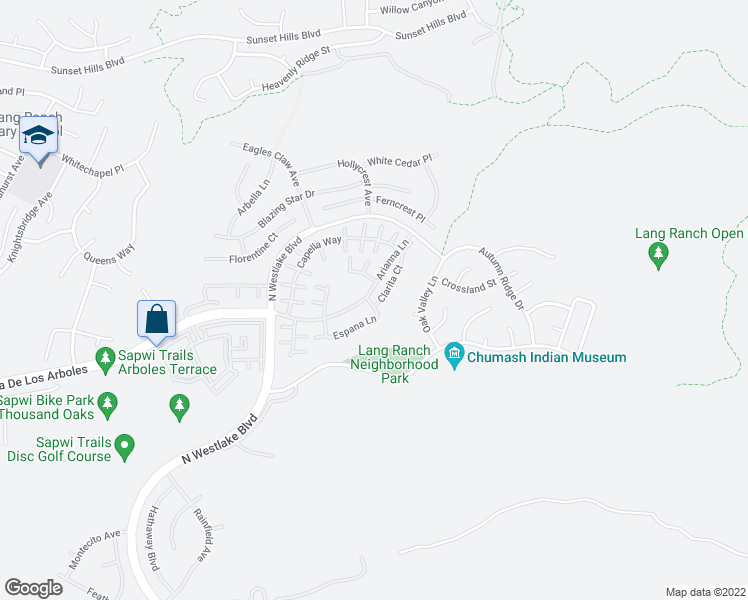 map of restaurants, bars, coffee shops, grocery stores, and more near 3157 Clarita Court in Thousand Oaks