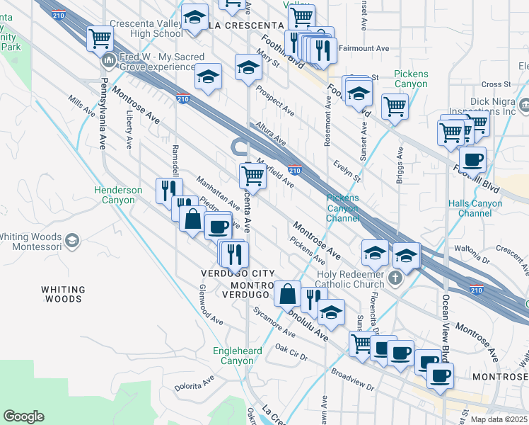 map of restaurants, bars, coffee shops, grocery stores, and more near 2738 Montrose Avenue in Glendale