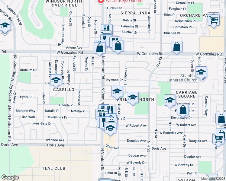 map of restaurants, bars, coffee shops, grocery stores, and more near 1330 Huntswood Way in Oxnard