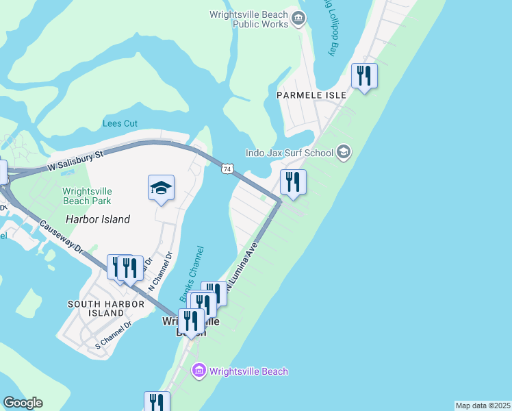 map of restaurants, bars, coffee shops, grocery stores, and more near 22 East Henderson Street in Wrightsville Beach