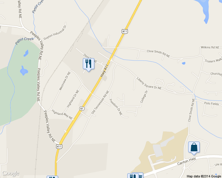 map of restaurants, bars, coffee shops, grocery stores, and more near 12 Freedom Drive Northeast in Cartersville