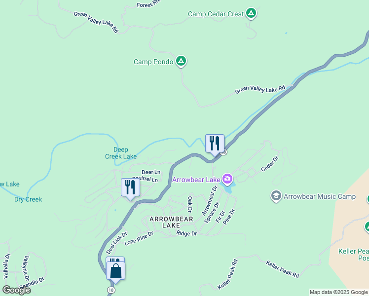 map of restaurants, bars, coffee shops, grocery stores, and more near 2 Deep Creek Drive in Running Springs