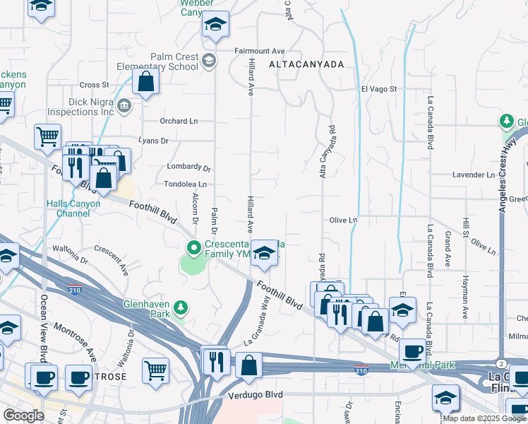 map of restaurants, bars, coffee shops, grocery stores, and more near 4644 Hillard Avenue in La Cañada Flintridge