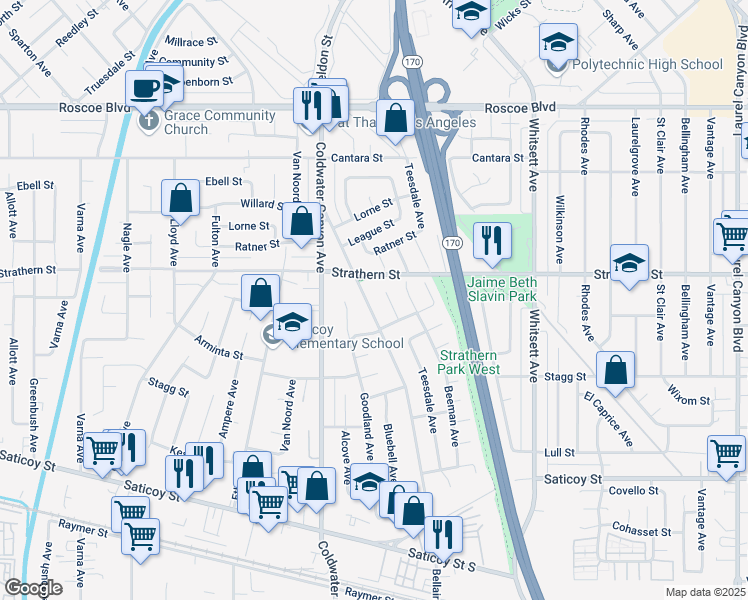 map of restaurants, bars, coffee shops, grocery stores, and more near 7928 Bellaire Avenue in Los Angeles