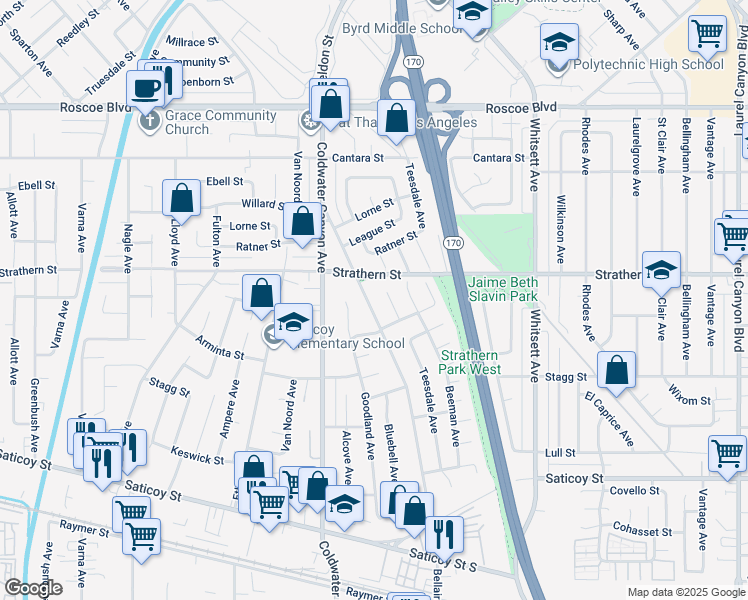 map of restaurants, bars, coffee shops, grocery stores, and more near 7928 Bellaire Avenue in Los Angeles