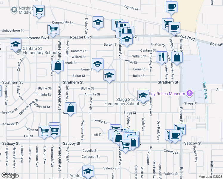 map of restaurants, bars, coffee shops, grocery stores, and more near 7931 Lasaine Avenue in Los Angeles