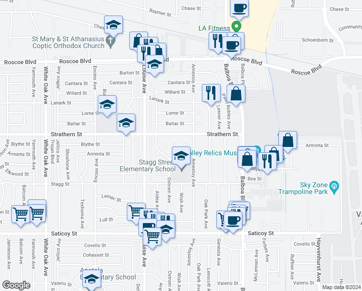 map of restaurants, bars, coffee shops, grocery stores, and more near 7933 Wish Avenue in Los Angeles