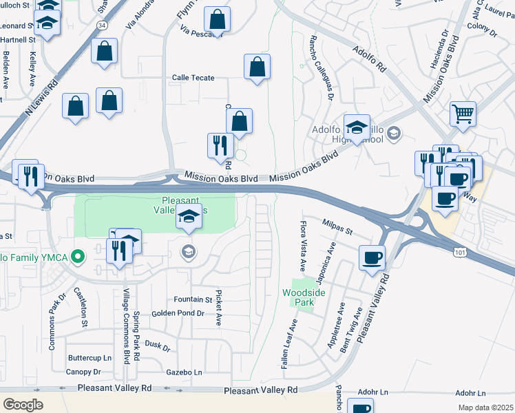 map of restaurants, bars, coffee shops, grocery stores, and more near 31 Via Paloma in Camarillo