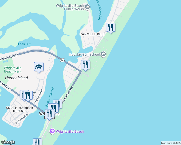 map of restaurants, bars, coffee shops, grocery stores, and more near 15 Seagull Street in Wrightsville Beach
