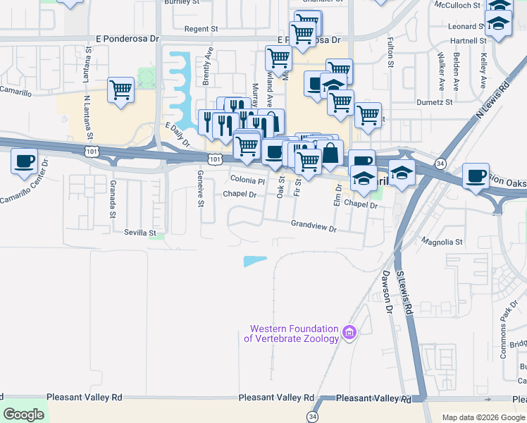 map of restaurants, bars, coffee shops, grocery stores, and more near 2 Grandview Circle in Camarillo