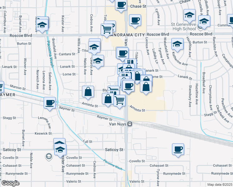 map of restaurants, bars, coffee shops, grocery stores, and more near 14540 Blythe Street in Los Angeles
