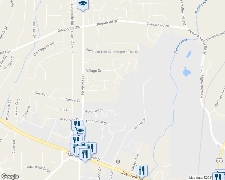 map of restaurants, bars, coffee shops, grocery stores, and more near 44 Hampton Drive in Cartersville