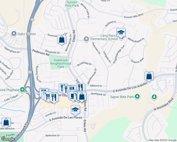 map of restaurants, bars, coffee shops, grocery stores, and more near 2136 Meadow Brook Court in Thousand Oaks