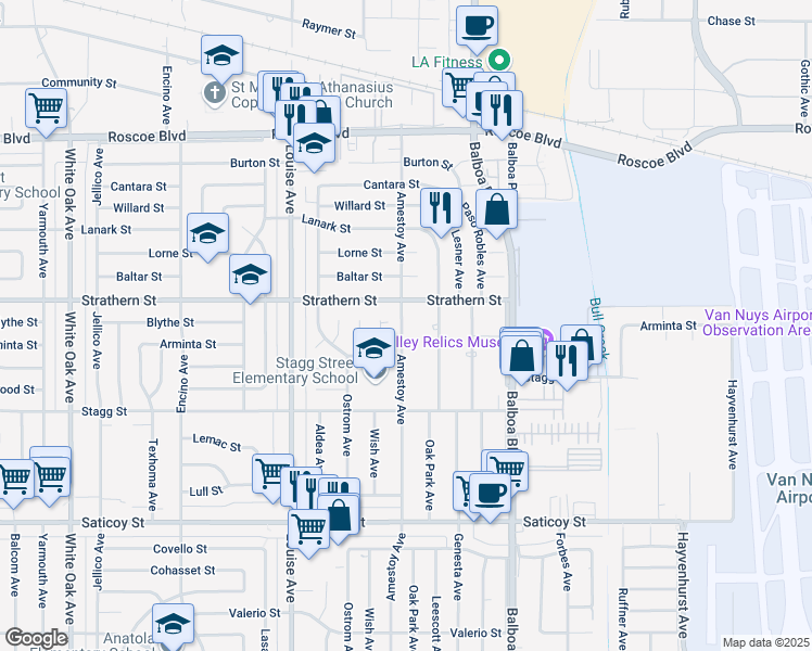 map of restaurants, bars, coffee shops, grocery stores, and more near 7938 Wish Avenue in Los Angeles