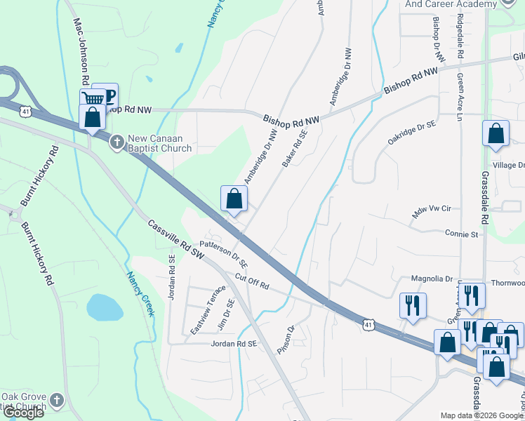 map of restaurants, bars, coffee shops, grocery stores, and more near 36 Baker Road Southeast in Cartersville