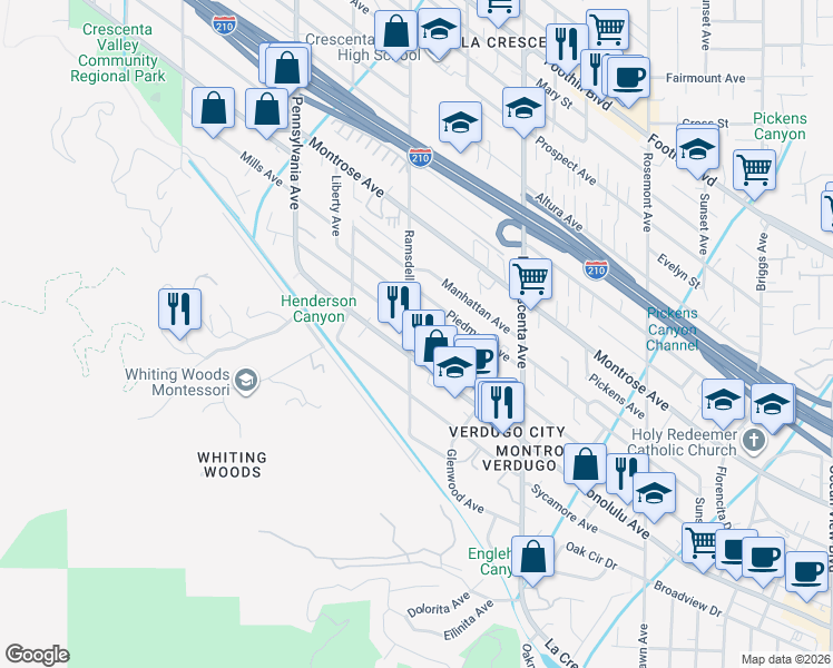map of restaurants, bars, coffee shops, grocery stores, and more near 2954 Hermosa Avenue in Glendale