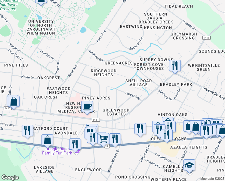 map of restaurants, bars, coffee shops, grocery stores, and more near 5430 Forest Avenue in Wilmington