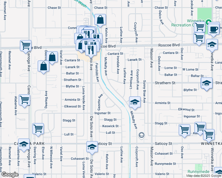 map of restaurants, bars, coffee shops, grocery stores, and more near 7959 McNulty Avenue in Los Angeles