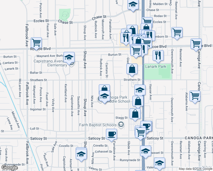 map of restaurants, bars, coffee shops, grocery stores, and more near 7944 Moorcroft Avenue in Los Angeles