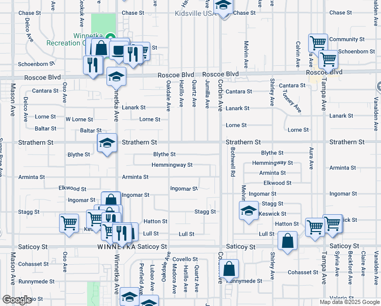 map of restaurants, bars, coffee shops, grocery stores, and more near 19807 Blythe Street in Los Angeles