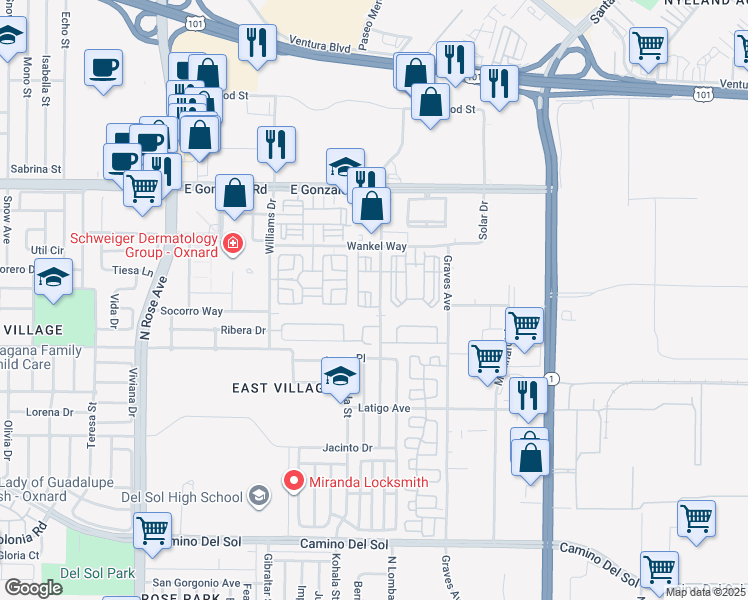 map of restaurants, bars, coffee shops, grocery stores, and more near 1411 North Lombard Street in Oxnard