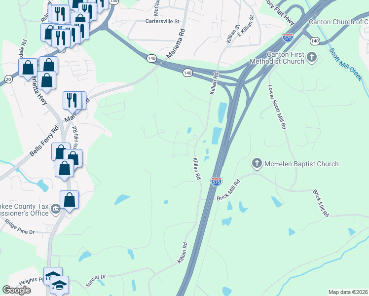 map of restaurants, bars, coffee shops, grocery stores, and more near 302 Morning Frost in Canton