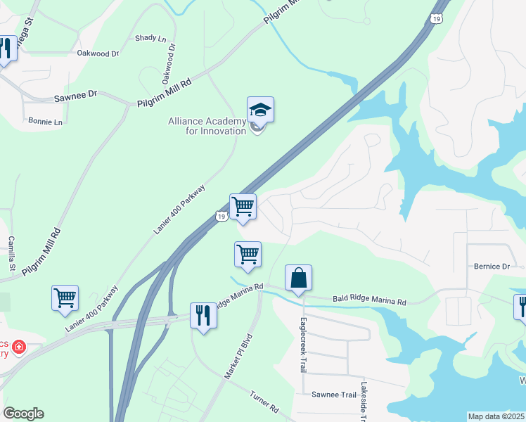 map of restaurants, bars, coffee shops, grocery stores, and more near 1256 Elderwood Way in Cumming