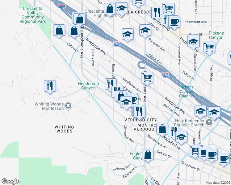 map of restaurants, bars, coffee shops, grocery stores, and more near 2954 Hermosa Avenue in Glendale