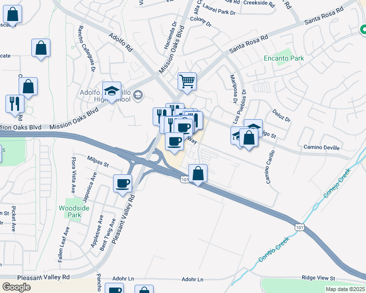 map of restaurants, bars, coffee shops, grocery stores, and more near 16113 Village 16 in Camarillo