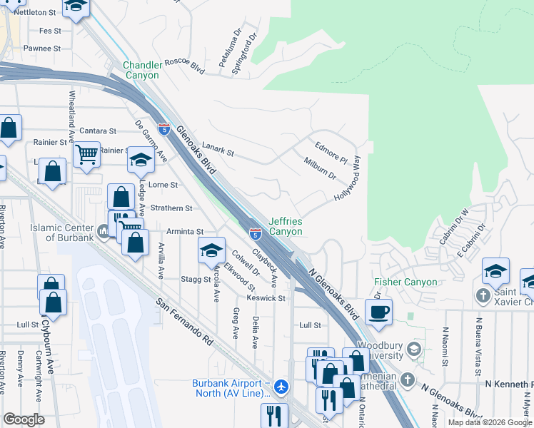 map of restaurants, bars, coffee shops, grocery stores, and more near 7888 Glenoaks Boulevard in Los Angeles
