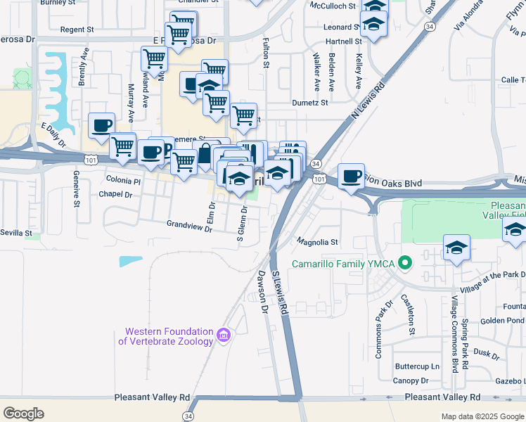 map of restaurants, bars, coffee shops, grocery stores, and more near 2500 Chapel Drive in Camarillo
