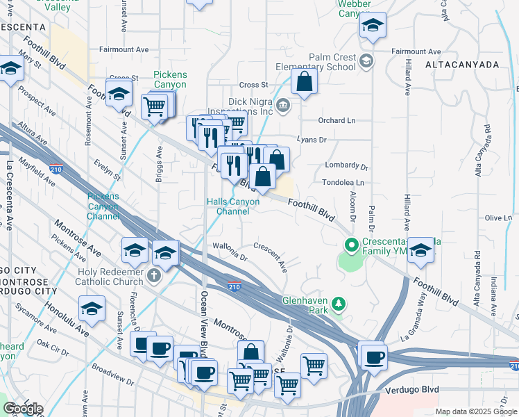 map of restaurants, bars, coffee shops, grocery stores, and more near 2145 La Canada Crest Drive in La Cañada Flintridge