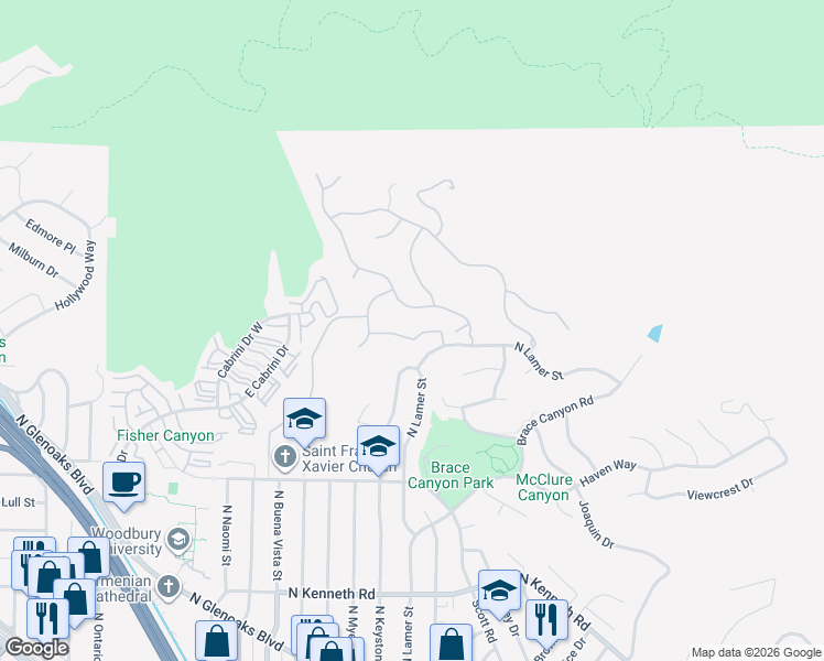 map of restaurants, bars, coffee shops, grocery stores, and more near 3318 Durham Court in Burbank